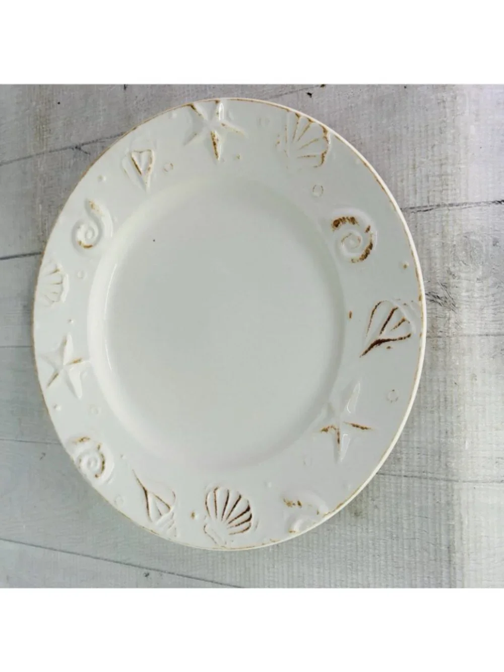 Thomson Pottery HAMPTON Seashells Embossed  Rustic Off White Dinner Plates Set 5